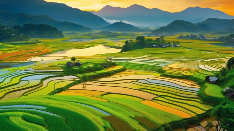 农业农作物颜色鲜艳的稻田梯田远景拍摄,高清,摄影图,摄影图片,图片大全,摄影图免费下载